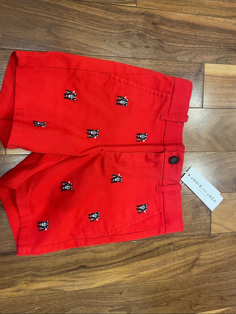 Janie and Jack Red Embroidered Puppy Shorts